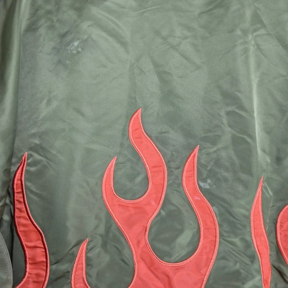 Teddy Fresh Bomber Jacket Mens XL Green Orange Flame‎ Print Streetwear